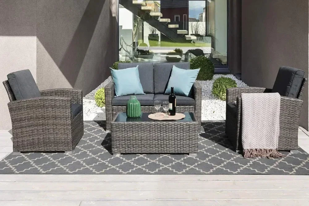 /Patio Furniture 4 Pcs, Outdoor Patios Conversation Set with Tempered Glass Coffee Table, Outdoor Patio Furniture Set