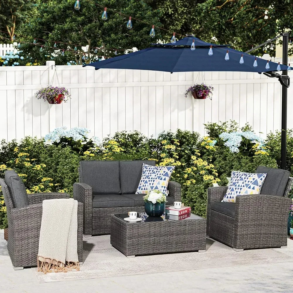 /Patio Furniture 4 Pcs, Outdoor Patios Conversation Set with Tempered Glass Coffee Table, Outdoor Patio Furniture Set