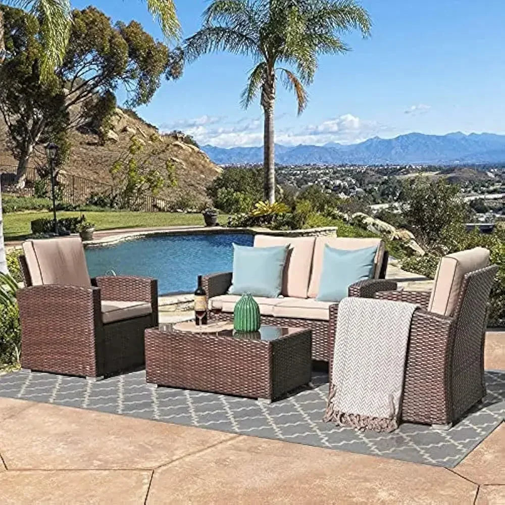 /Patio Furniture 4 Pcs, Outdoor Patios Conversation Set with Tempered Glass Coffee Table, Outdoor Patio Furniture Set