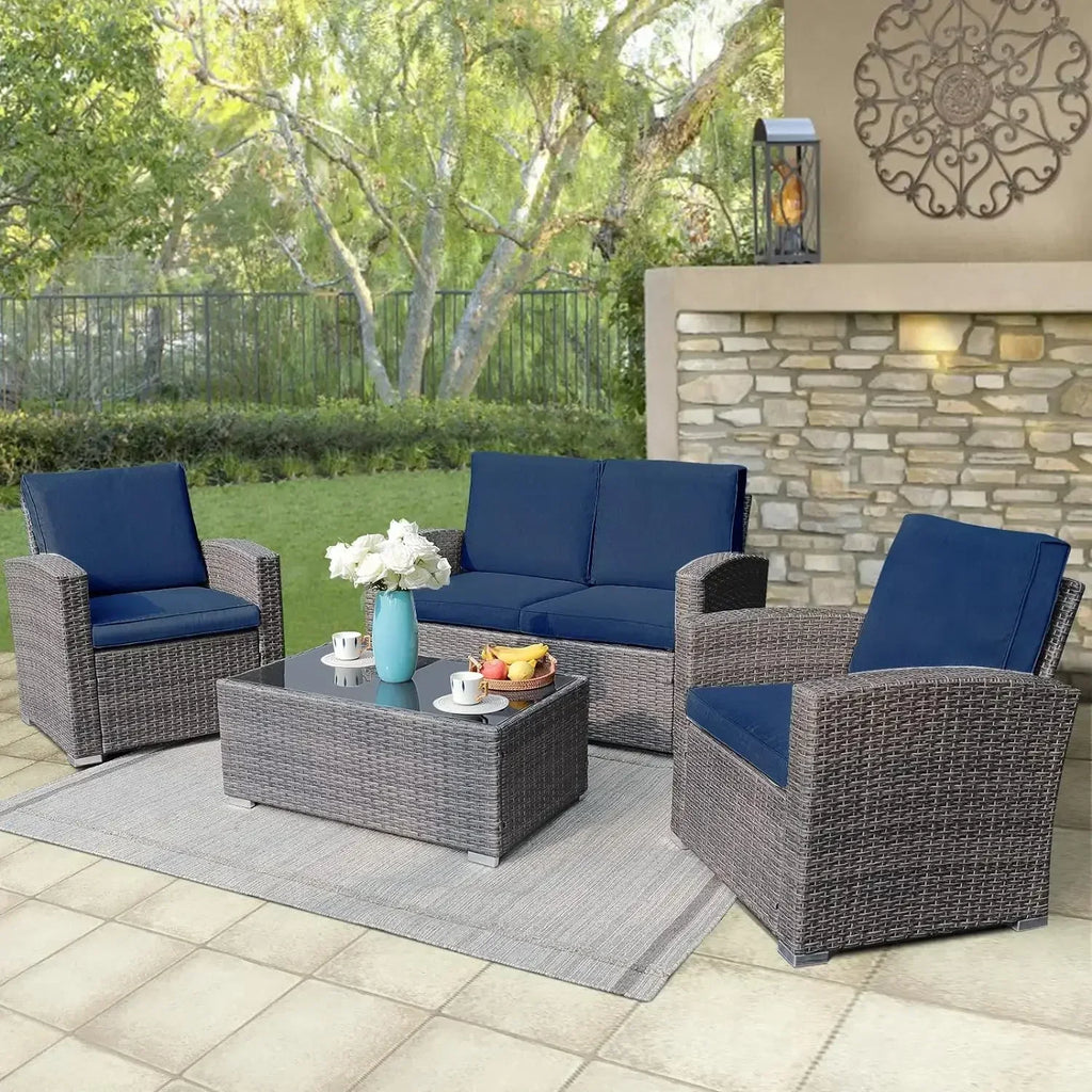 4-Piece Patio Furniture Set – Outdoor Conversation Set with Tempered Glass Coffee Table