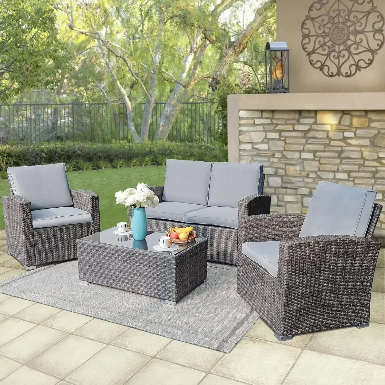 /Patio Furniture 4 Pcs, Outdoor Patios Conversation Set with Tempered Glass Coffee Table, Outdoor Patio Furniture Set