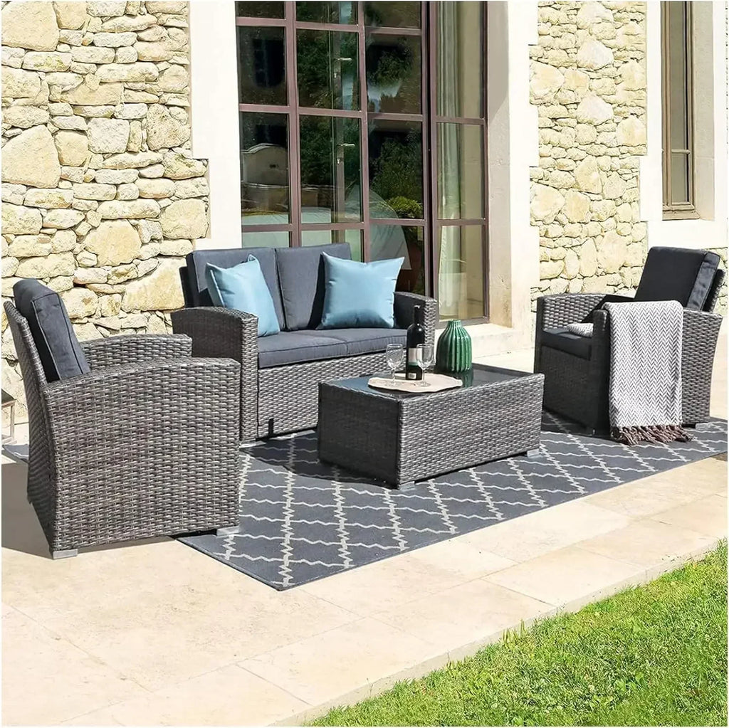 4-Piece Patio Furniture Set – Outdoor Conversation Set with Tempered Glass Coffee Table