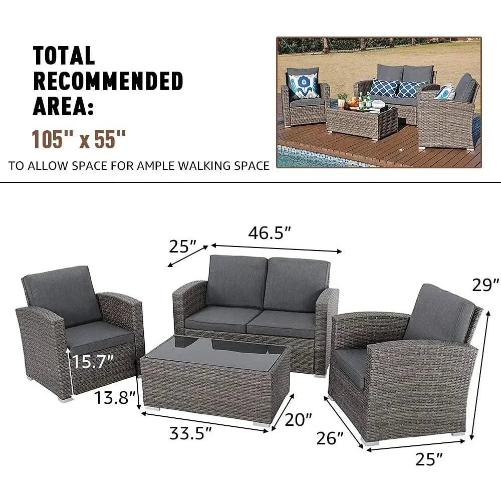 /Patio Furniture 4 Pcs, Outdoor Patios Conversation Set with Tempered Glass Coffee Table, Outdoor Patio Furniture Set